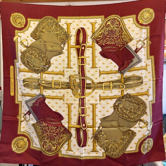 Hermès Paris Square silk scarf Saddle Vintage